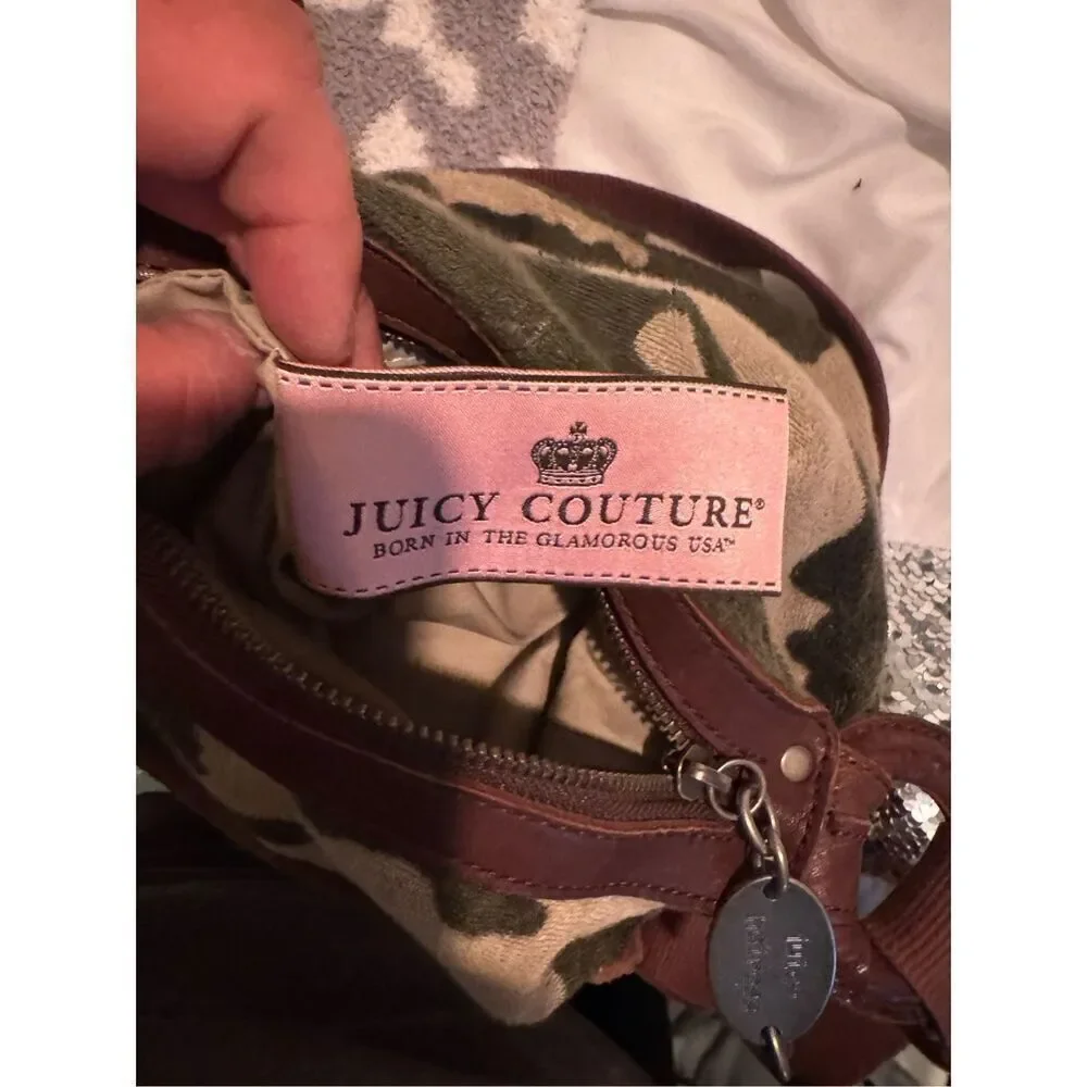 Vintage y2k green brown camouflage camo velour juicy couture crossbody purse